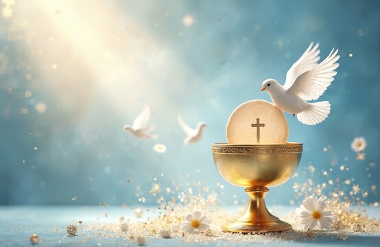 Religious event symbol of holy communion. Golden chalice holds consecrated host with cross. White dove flies above, symbol of peace and spirit. Holy wafer and birds in bright sky.