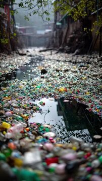 A vertical 4K close-up shot of a heavily polluted river choked with piles of plastic waste, highlighting a critical environmental issue.