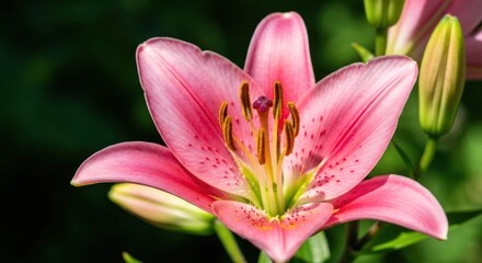 Naklejka premium Close-up of a vibrant pink lily with prominent stamens and surrounding green foliage