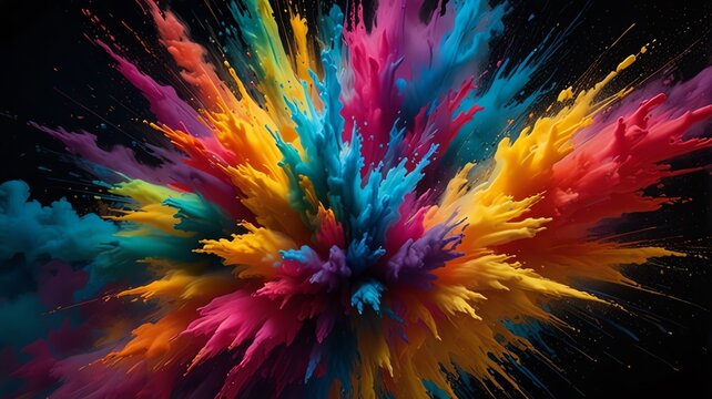 Explosion of vibrant colors on black background, abstract, energetic, artistic, creative, dynamic, expressive, bright, playful, celebration