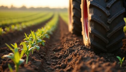 Close-up on large tractor tire in furrowed soil. Young green plants grow in neat rows across vast agricultural field. Rural landscape at sunrise.