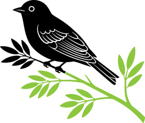 Black bird perched on a green branch with leaves, simple graphic style