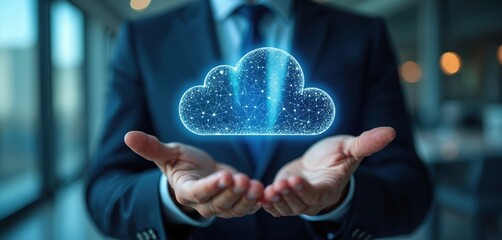 Business person holds PaaS cloud icon. Cloud computing platform service concept. Information tech data storage and remote access. Digital transformation modern innovation concept