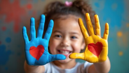Little child with painted blue and yellow hands. Red hearts on palms. Happy kid enjoys art activity and creative play. Childhood fun at home or school.