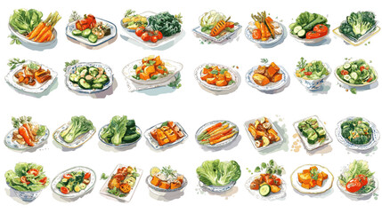 Big set of watercolor salads and vegetable dishes on plates and bowls. Fresh healthy food illustrations&mdash;perfect for menus, recipes, nutrition content, restaurant branding, and blogs.