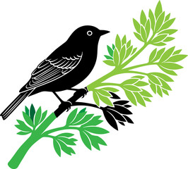 Stylized black bird perched on a vibrant green leafy branch