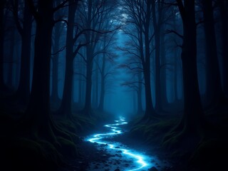 Fototapeta premium Mysterious dark forest path with glowing blue stream.