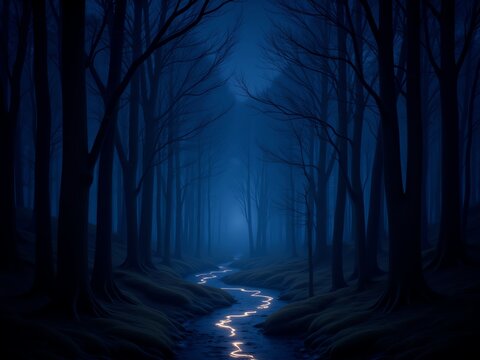 Mystical dark forest with winding stream, moonlit glow, ethereal atmosphere, deep woods, enchanting nature scene, fantasy landscape.
