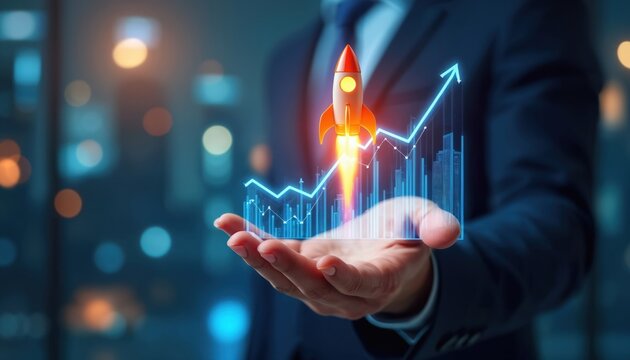 Businessman holds digital projection. Rocket launches from market chart. Rising line graph shows business growth, innovation, future success. Entrepreneur presents company progress, potential,