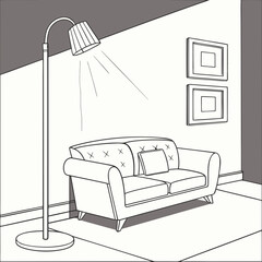 Elegant living room interior with sofa, floor lamp, and framed artwork, creating a stylish and inviting space