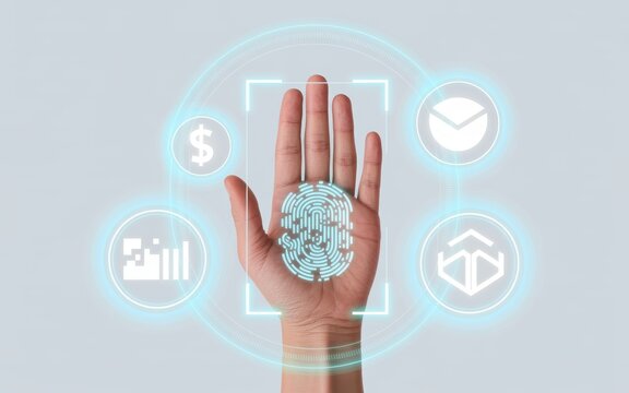 Digital Identity Verification with Fingerprint and Financial Icons Representing Secure Online Transactions and Personal Data Protection with Technological Integration