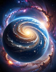 A vibrant cosmic artwork showcases a celestial sphere swirling with celestial energy, enveloped by a halo of swirling galaxies and celestial dust