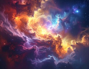 A vibrant cosmic display showcasing nebulae in fiery oranges, purples, blues, and yellows, with scattered stars throughout the scene