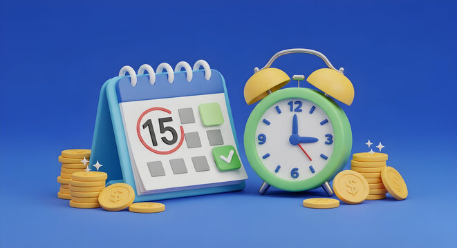 3d icon of a calendar and an alarm clock with gold coins in a cartoon . the concept of business planning and timely payment. illustration isolated on blue background. 3d rendering 54514337 1