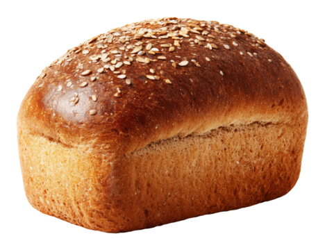 Brown bread loaf topped with sesame seeds, isolated on transparent background