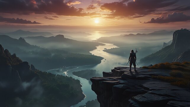 Vast misty landscape with winding river at sunrise, lone figure on cliff overlooking valley, epic adventure, fantasy, digital art.