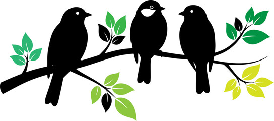 Three black birds perched on a branch with green and yellow leaves