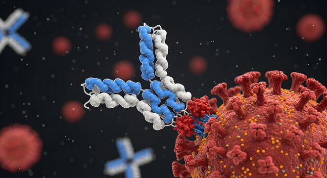 3d rendered scientific visualization of antibody molecule interacting with virus particle in detailed molecular close up view 50593015 1