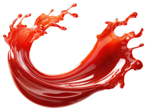 Dynamic splash of red ketchup forming a curved wave shape, isolated on transparent background