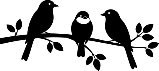 Three silhouette birds perched on a branch with leaves, simple graphic