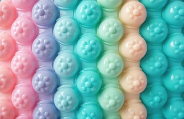 Colorful silicone pop it fidget toy close up. Sensory toy with soft pastel bubbles. Child plays with popit for stress relief. Fun, tactile object for kids and adults.