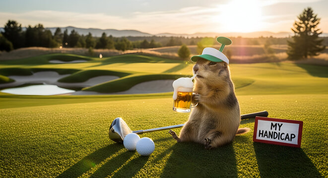 A gopher enjoying a cold beer on the golf course. Which is probably his handicap. Useful for beer and golf events 15141558 1