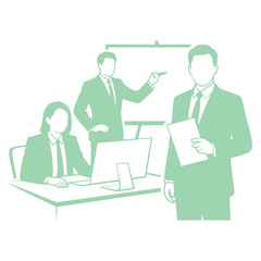 Three business people in suits in an office setting with a computer and whiteboard meeting presentation