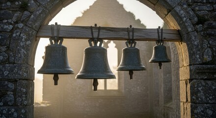 Obraz premium Old stone chapel bells hanging under wooden beam