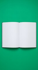 Open blank notebook with white pages lying flat on a vibrant green background, ready for writing or drawing, with a clean and minimalistic aesthetic