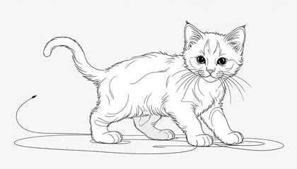 Charming Black and White Cat Drawing: A Detailed Sketch of a Playful Kitten with a Tail, Perfect for Coloring and Design.