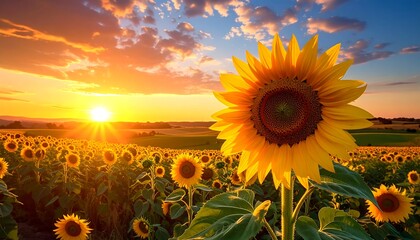 A vibrant field of sunflowers basks in the warm glow of a setting sun, under a sky with scattered clouds. The scene is calm and beautiful