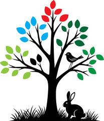 Stylized tree with colorful leaves, bird, and rabbit in grass