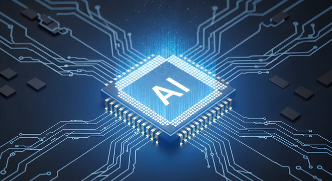 AI processor chip glowing with blue energy. Use for digital transformation visuals cybersecurity branding artificial intelligence marketing or fintech campaigns 63006653 1