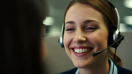 Smiling customer service representative assisting a client in an office