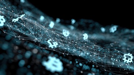 A futuristic visualization of currency moving through a digital blockchain network, pulsing with energy.