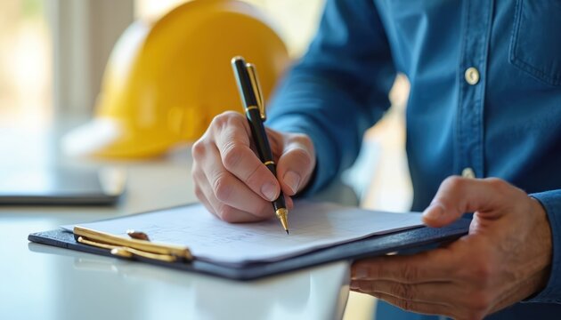 Construction worker in blue shirt writes on clipboard with pen. Yellow hard hat and tablet in background. Pro checks plans and documents at job site.