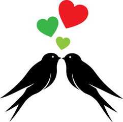 Two swallows in silhouette with hearts above, abstract design