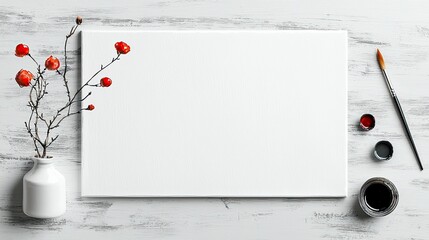 A blank white canvas is placed on a distressed wooden surface, accompanied by art supplies and a small vase with a branch of red berries.
