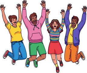 Diverse Group of Friends Jumping Joyfully Together Outdoors