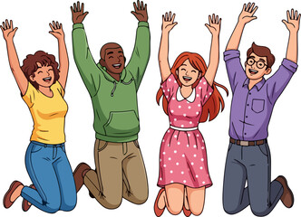 Diverse Group of Friends Jumping Joyfully Together Outdoors