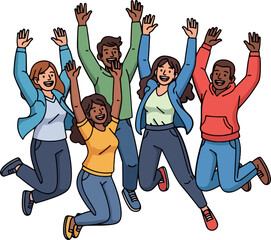 Diverse Group of Friends Jumping Joyfully Together Outdoors