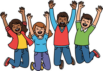 Diverse Group of Friends Jumping Joyfully Together with Arms Raised High