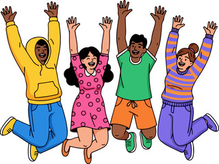 Diverse Group of Friends Jumping Joyfully Together Outdoors