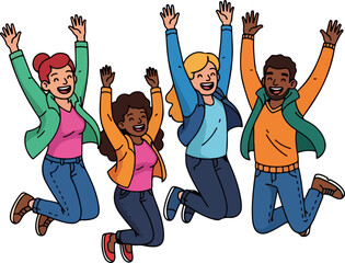 Diverse Group of Friends Jumping for Joy and Celebrating Success Together