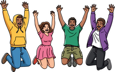 Diverse Group of Friends Jumping Joyfully Together Outdoors