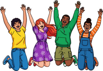 Diverse Group of Friends Jumping Joyfully Together Outdoors