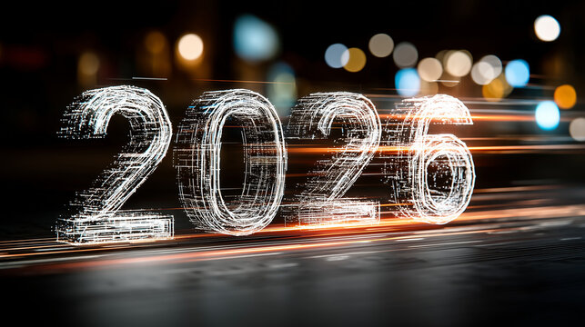 Glowing holographic "2026" timeline emerging from futuristic digital surface, surrounded by floating data streams and light trails, concept of innovation and progress, minimal back