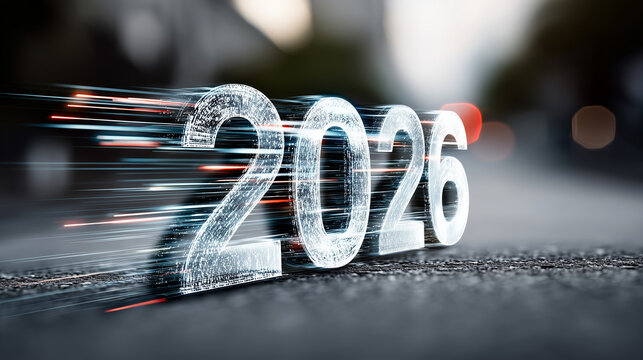 Glowing holographic "2026" timeline emerging from futuristic digital surface, surrounded by floating data streams and light trails, concept of innovation and progress, minimal back
