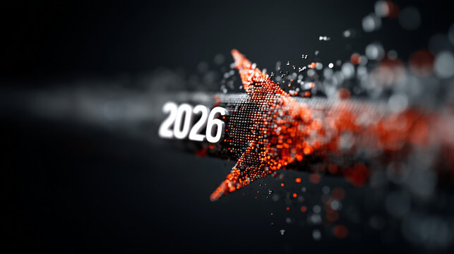 Abstract 3D arrow made of light particles moving forward through digital grid toward bright "2026", symbol of growth and strategic vision, cinematic glow, copy space
