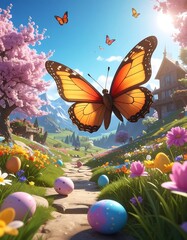 A vibrant springtime scene. Butterflies flutter above a path lined with flowers and Easter eggs, leading to a scenic valley with a house